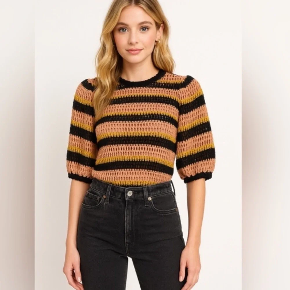 Ulla‎ Johnson Amata Crochet Knit Striped Puff Sleeve Top Pink Yellow Black CS p